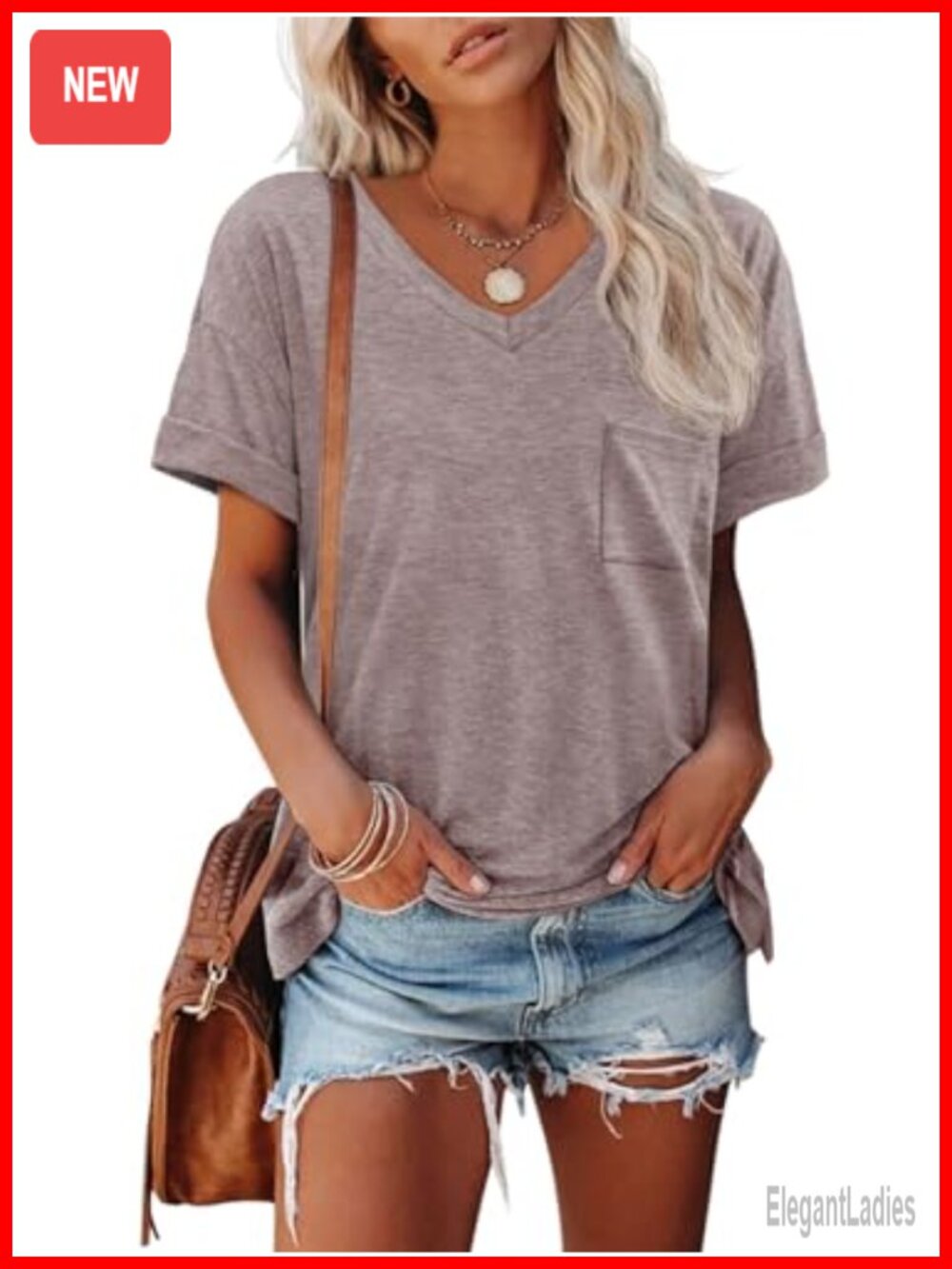 Women's Stretchy V-Neck Short Sleeve Tee Roll Sleeve Casual Top